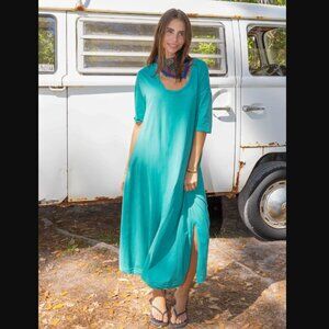 Natural Life All Day Cotton Tee Dress Teal Green Maxi Boho Lagenlook Size M